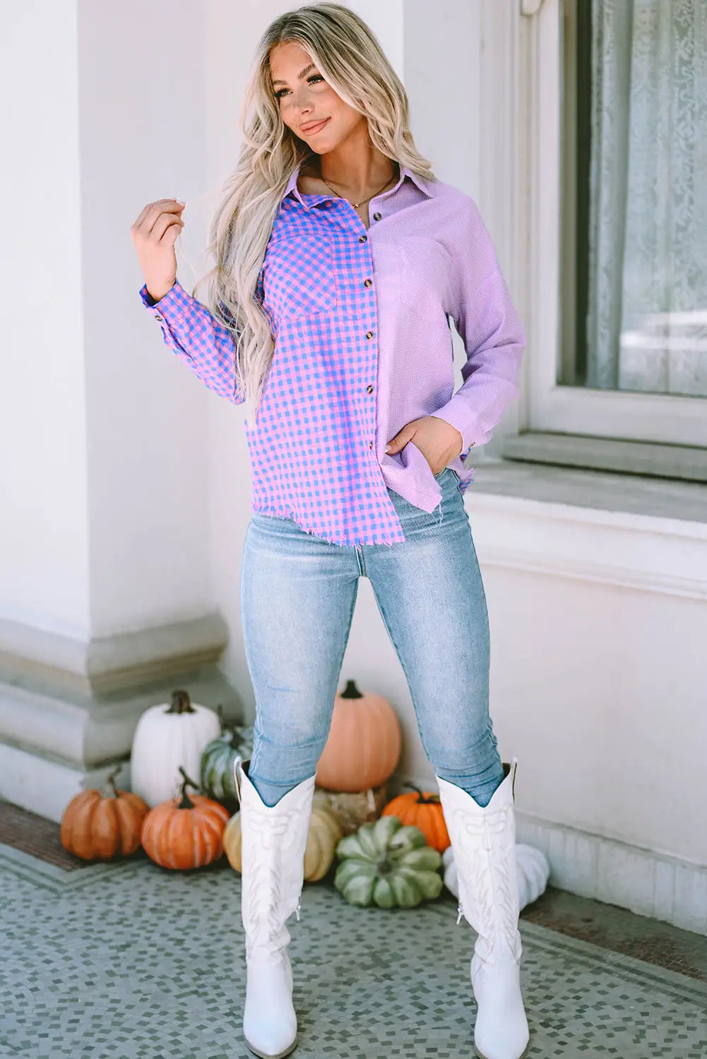 Purple mixed plaid button down long sleeve chest pocket shirt - blouses & shirts