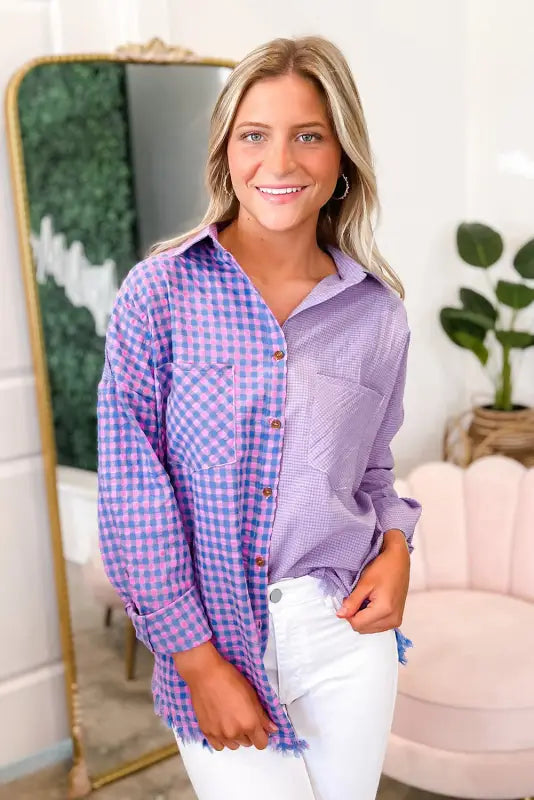 Purple mixed plaid button down long sleeve chest pocket shirt - blouses & shirts