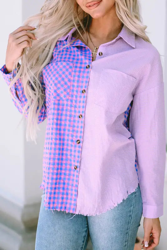 Purple mixed plaid button down long sleeve chest pocket shirt - blouses & shirts