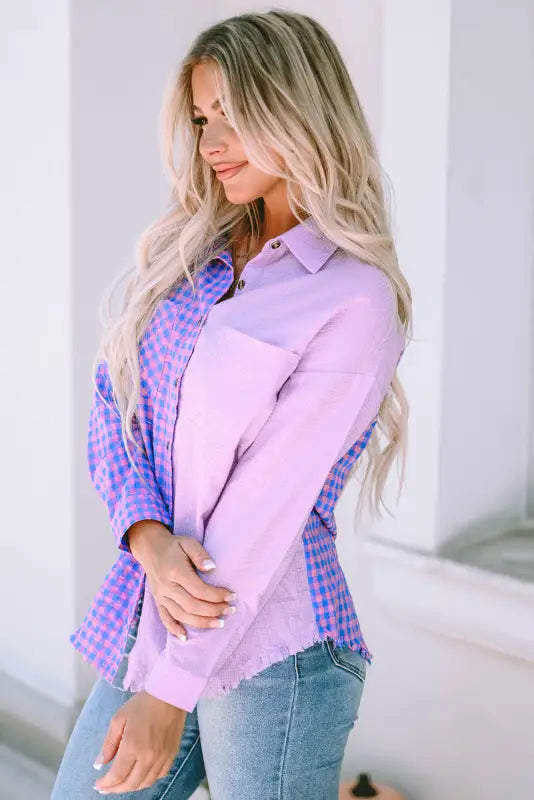 Purple mixed plaid button down long sleeve chest pocket shirt - blouses & shirts