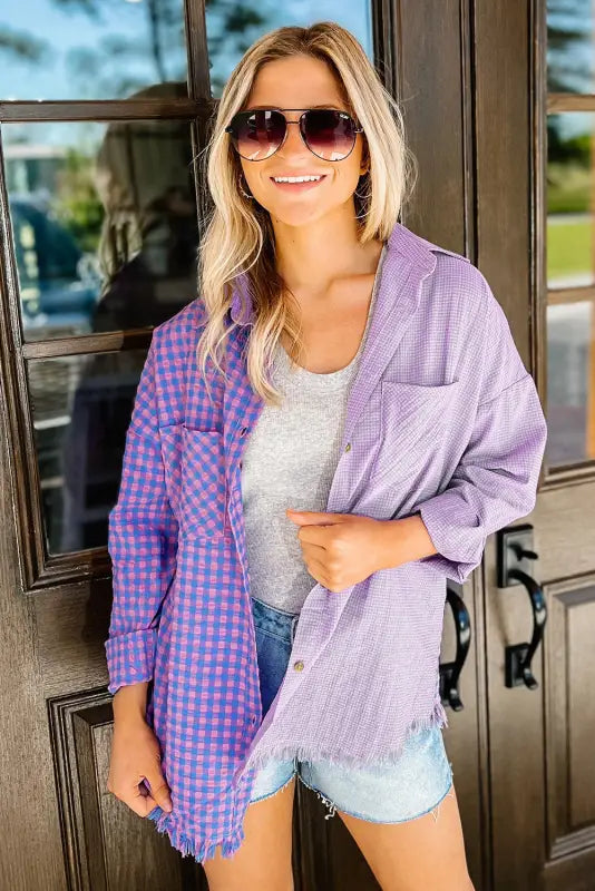 Purple mixed plaid button down long sleeve chest pocket shirt - blouses & shirts