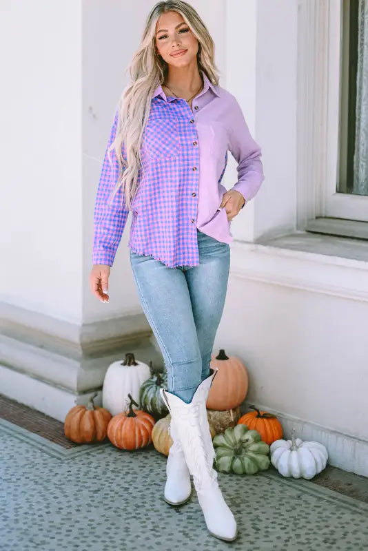 Purple mixed plaid button down long sleeve chest pocket shirt - blouses & shirts