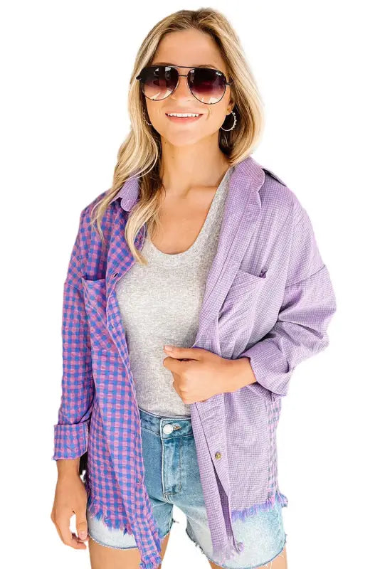 Purple mixed plaid button down long sleeve chest pocket shirt - blouses & shirts