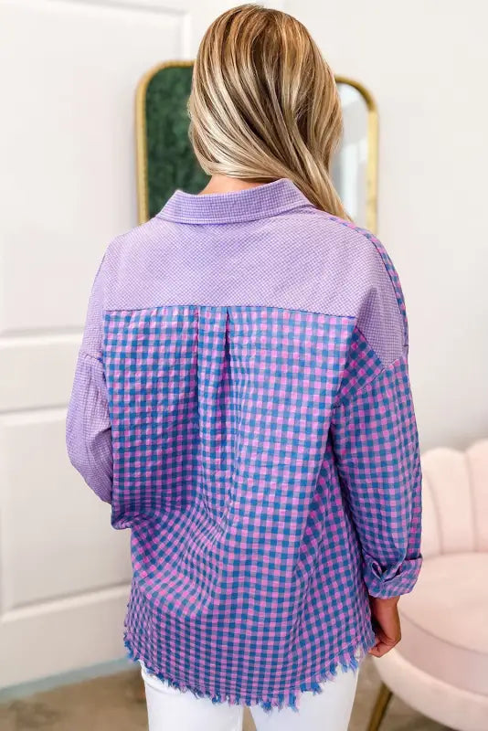 Purple mixed plaid button down long sleeve chest pocket shirt - blouses & shirts