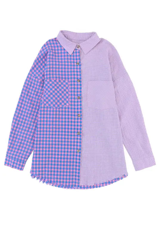 Purple mixed plaid button down long sleeve chest pocket shirt - blouses & shirts