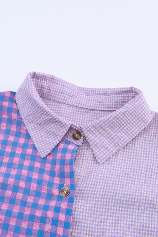 Purple mixed plaid button down long sleeve chest pocket shirt - blouses & shirts