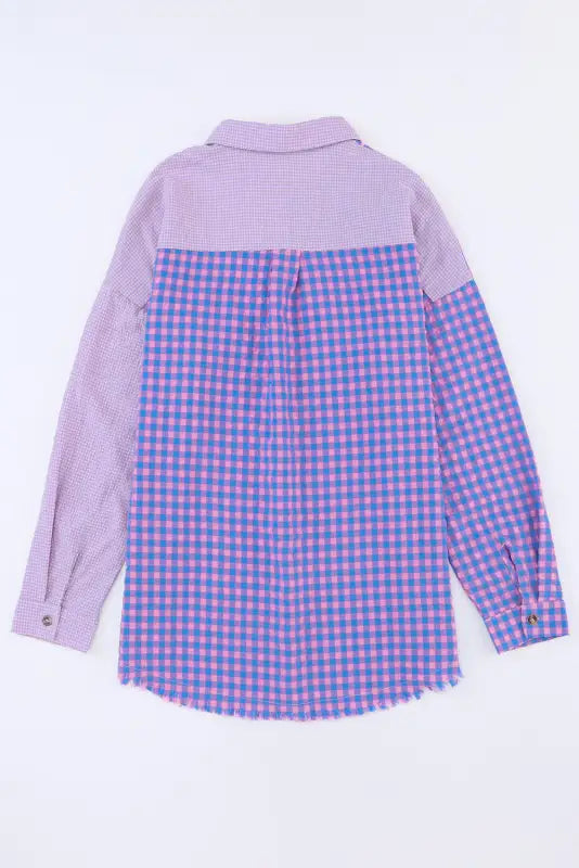 Purple mixed plaid button down long sleeve chest pocket shirt - blouses & shirts