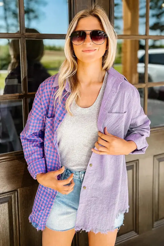 Purple mixed plaid button down long sleeve chest pocket shirt - blouses & shirts