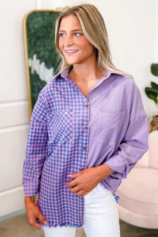 Purple mixed plaid button down long sleeve chest pocket shirt - blouses & shirts