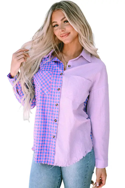 Purple mixed plaid button down long sleeve chest pocket shirt - blouses & shirts