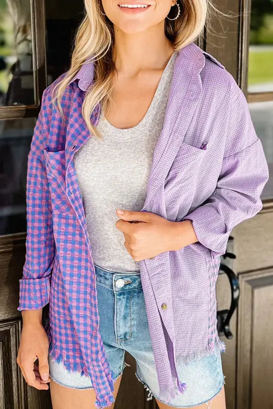 Purple mixed plaid button down long sleeve chest pocket shirt - blouses & shirts