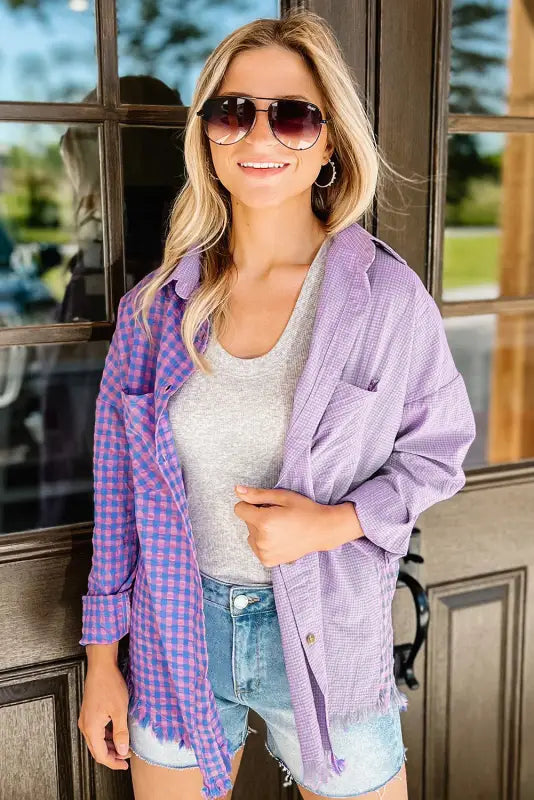 Purple mixed plaid button down long sleeve chest pocket shirt - blouses & shirts