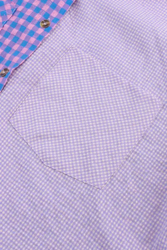 Purple mixed plaid button down long sleeve chest pocket shirt - blouses & shirts