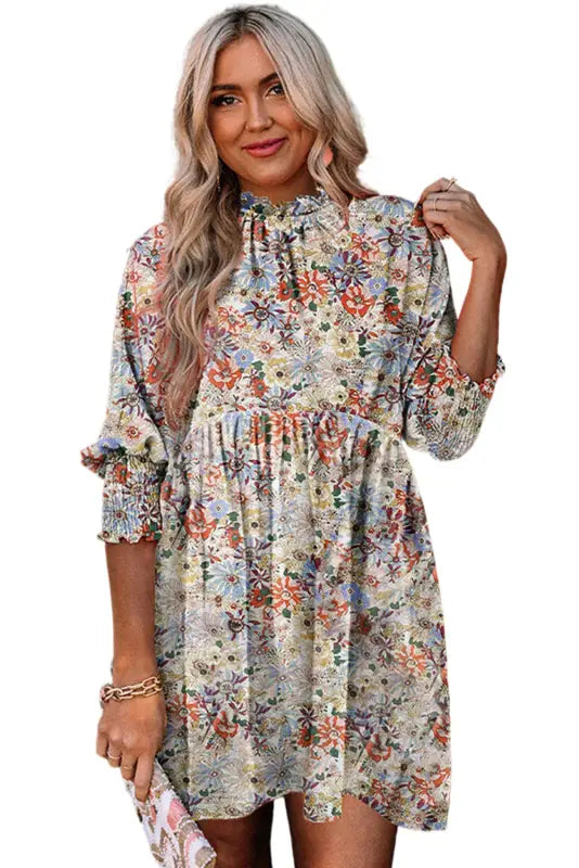 Purple printed boho floral frilled neck shirred bracelet sleeve dress - dresses