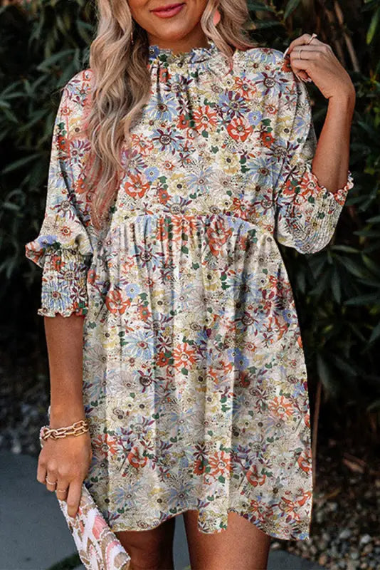 Purple printed boho floral frilled neck shirred bracelet sleeve dress - s / 100% polyester - dresses