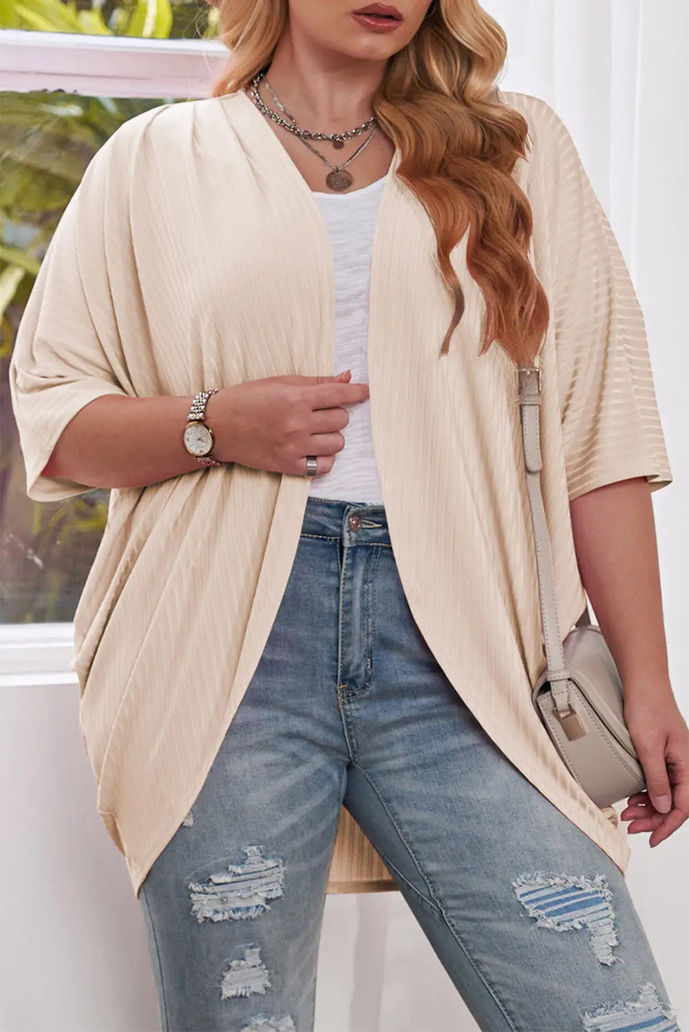 Purple shimmer ribbed texture plus size cardigan