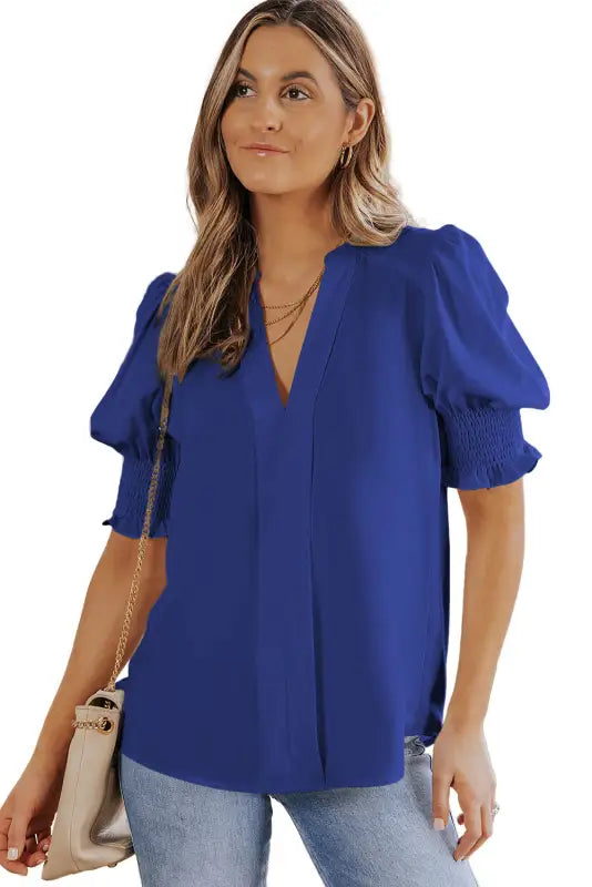 Purple solid color half sleeve v neck blouse - tops