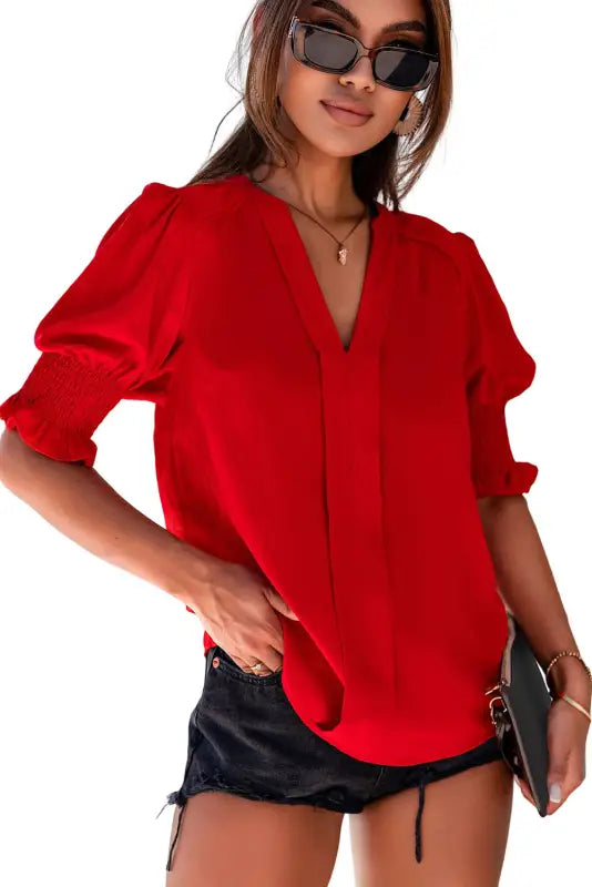 Purple solid color half sleeve v neck blouse - tops