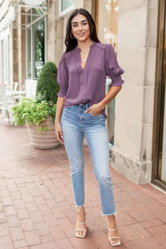 Purple solid color half sleeve v neck blouse - tops