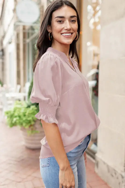 Purple solid color half sleeve v neck blouse - tops