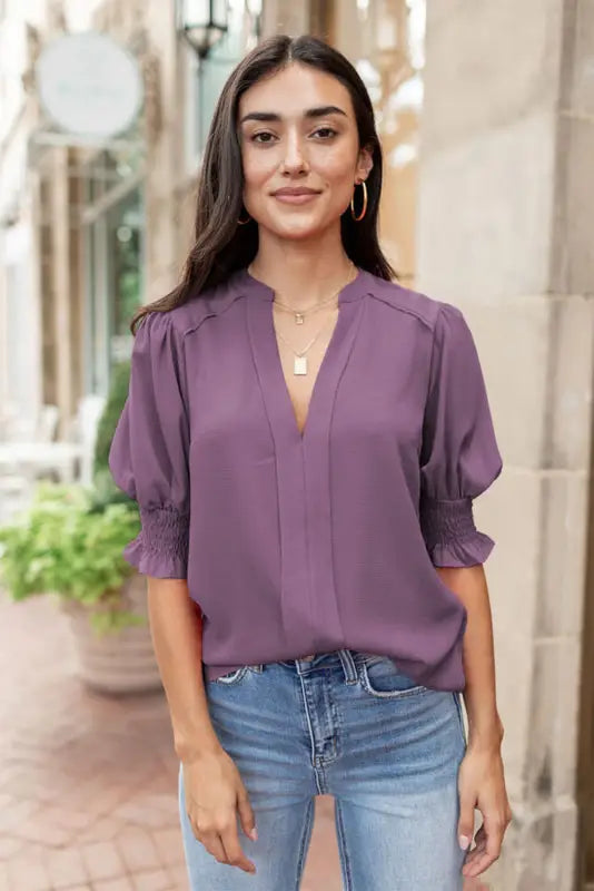 Purple solid color half sleeve v neck blouse - tops