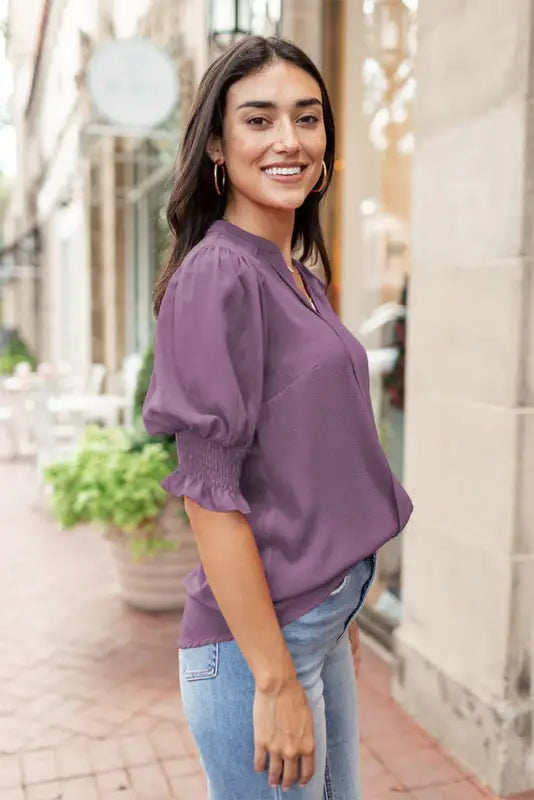 Purple solid color half sleeve v neck blouse - tops