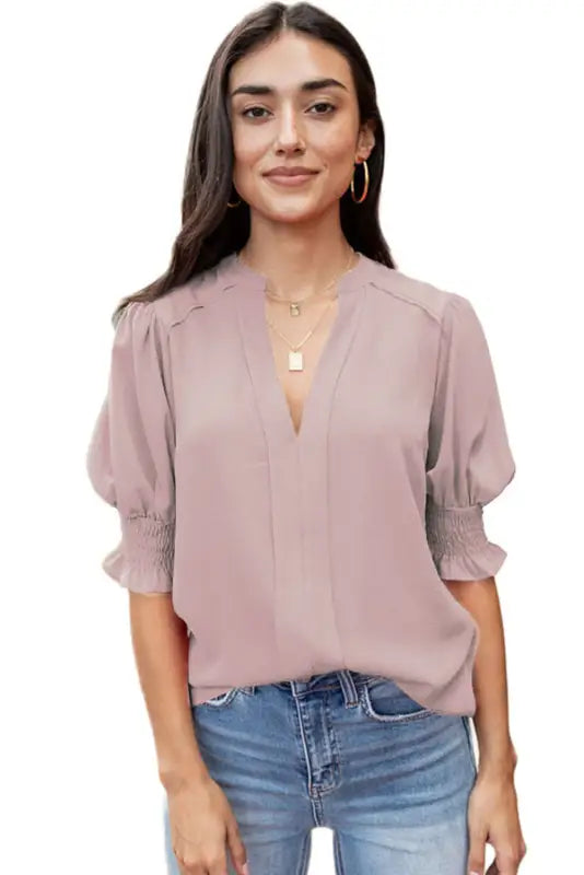 Purple solid color half sleeve v neck blouse - tops