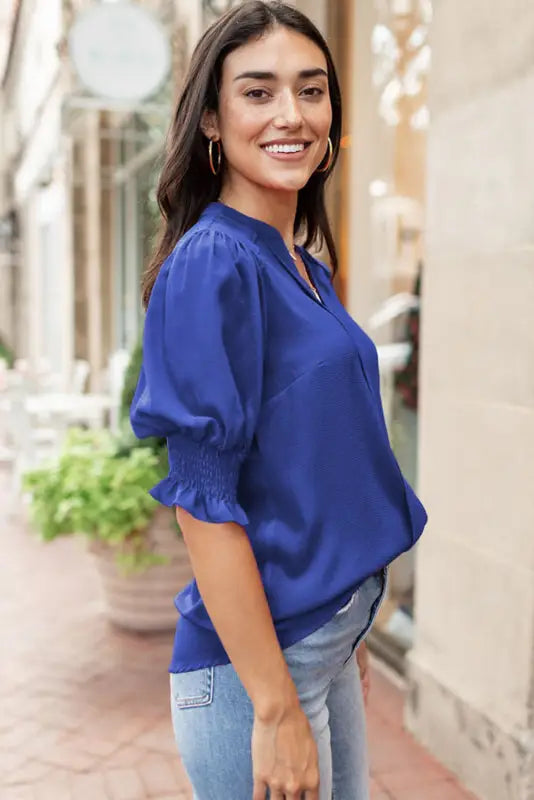 Purple solid color half sleeve v neck blouse - tops