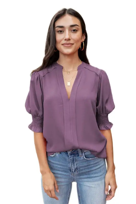 Purple solid color half sleeve v neck blouse - tops