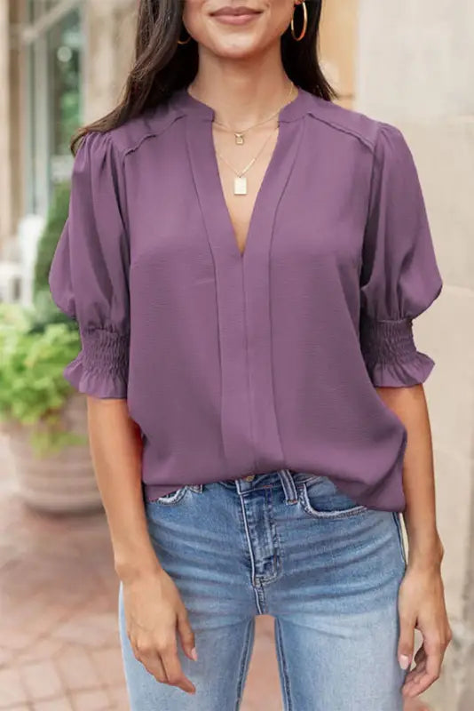 Purple solid color half sleeve v neck blouse - tops