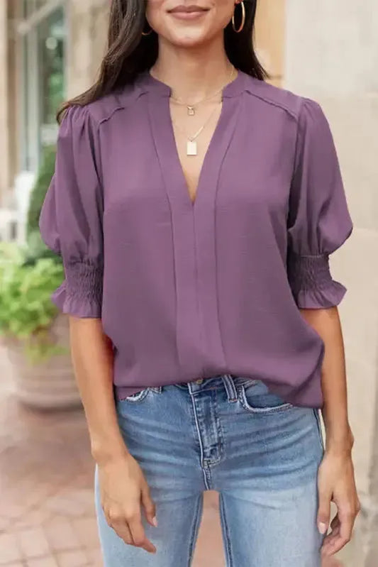 Purple Solid Color Half Sleeve V Neck Blouse - Fashionfitz