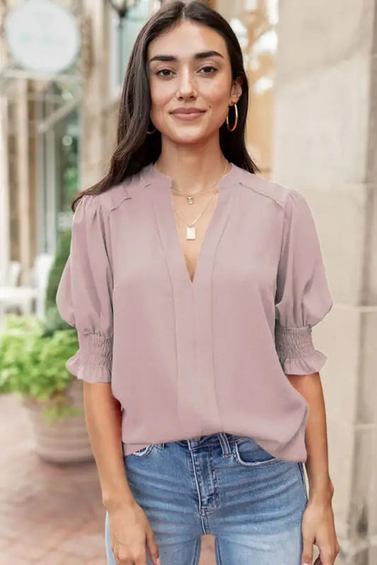 Purple solid color half sleeve v neck blouse - tops