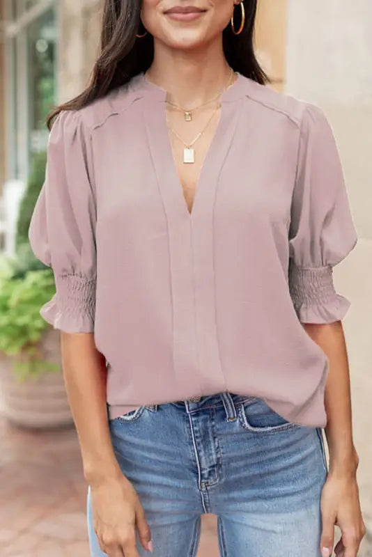 Purple solid color half sleeve v neck blouse - tops