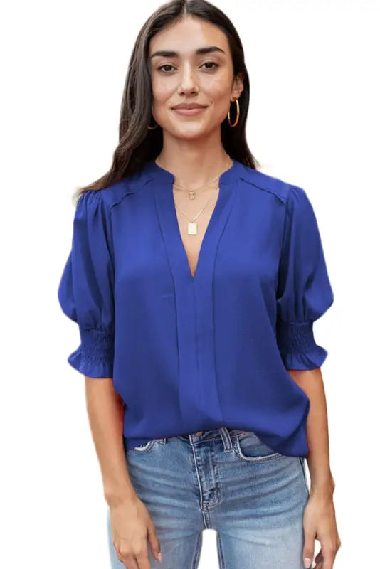 Purple solid color half sleeve v neck blouse - tops