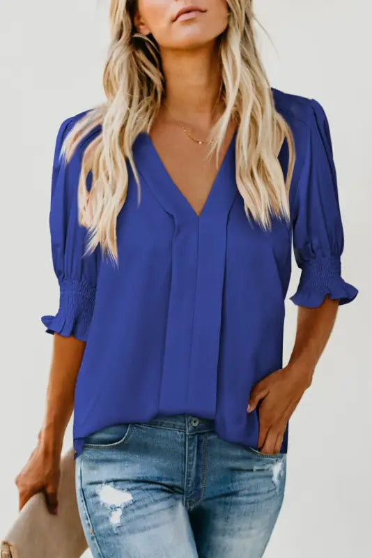 Purple solid color half sleeve v neck blouse - tops