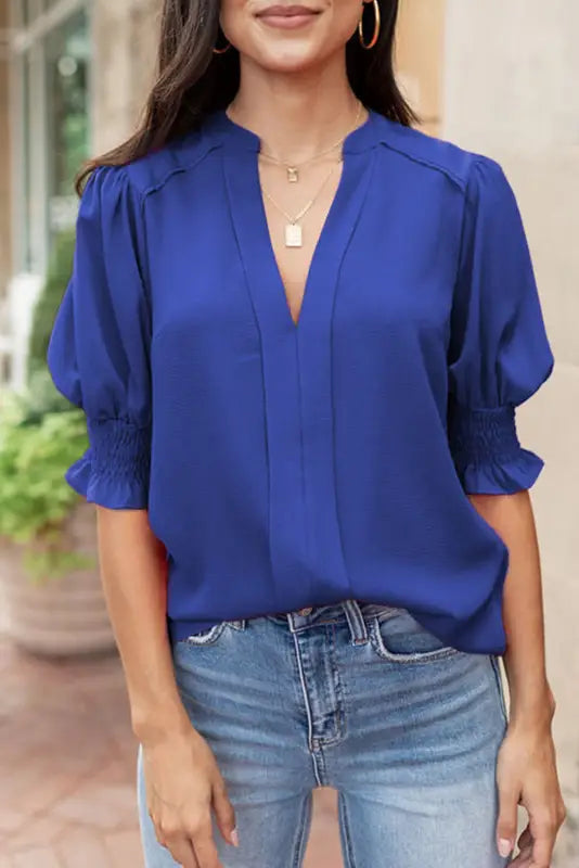 Purple solid color half sleeve v neck blouse - tops