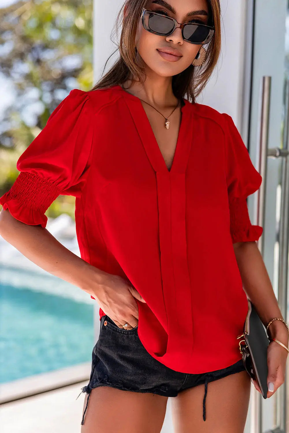 Purple solid color half sleeve v neck blouse - red / s / 100% polyester - tops