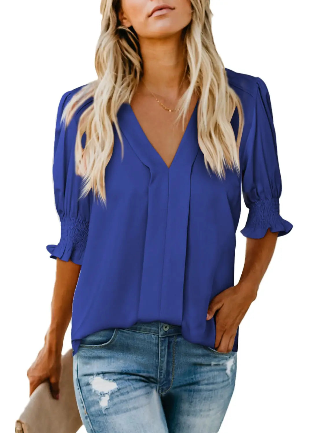 Purple solid color half sleeve v neck blouse - tops