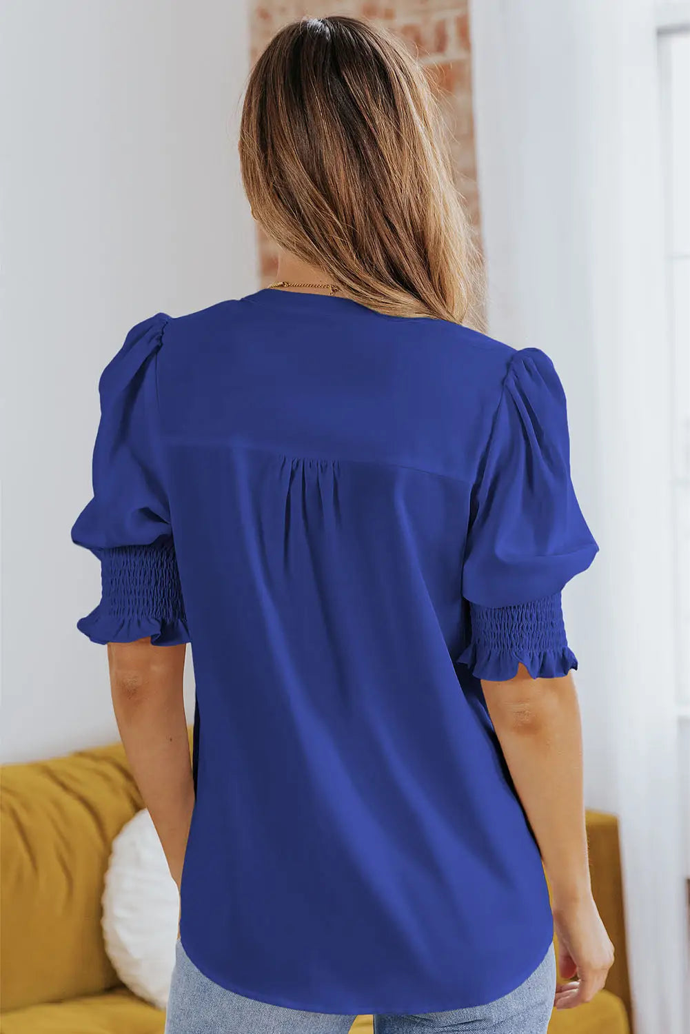 Purple solid color half sleeve v neck blouse - tops