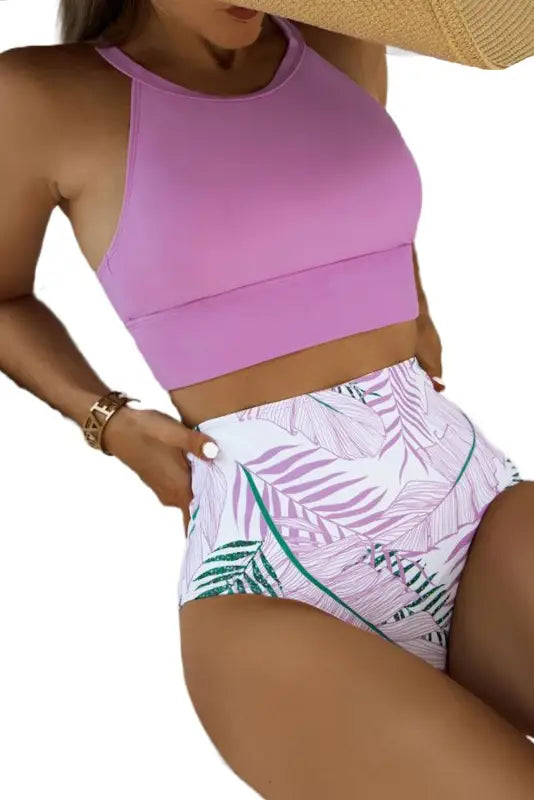 Purple solid strappy halter bikini printed high waist swimsuit - swimsuits