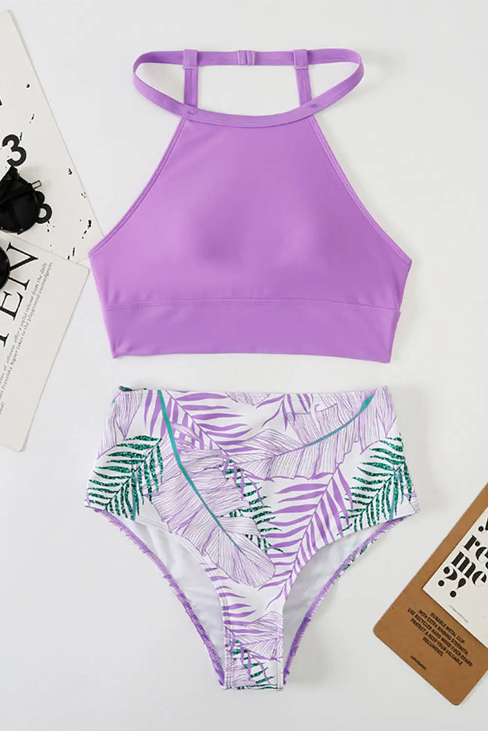 Purple solid strappy halter bikini printed high waist swimsuit - swimsuits