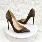 Brown suede high heel pumps with sleek stiletto design, ideal for formal and casual wear. FashionFitz Exclusive collection.