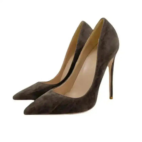 Brown suede high heel stilettos with pointed toe on white background, ideal for versatile fashion styling.