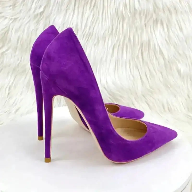 Chic Purple Suede Heels Stilettos with pointed toe and high stiletto heel, perfect for elegant fashion looks. FashionFitz Exclusive design.
