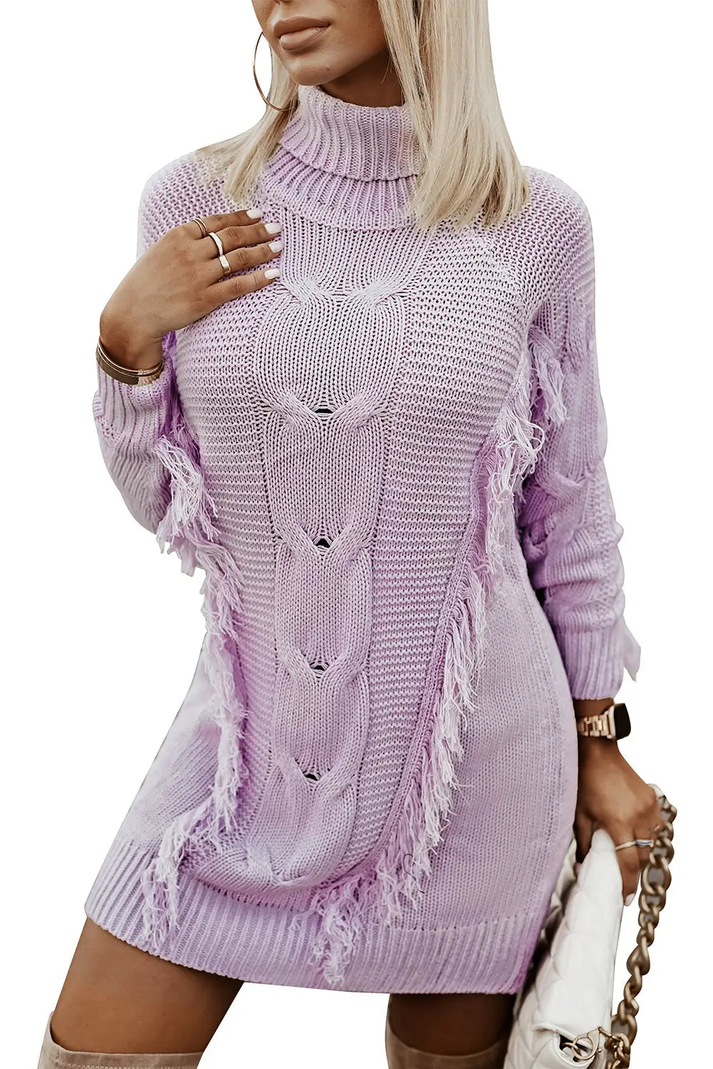 Purple twist fringe casual high neck sweater dress - dresses