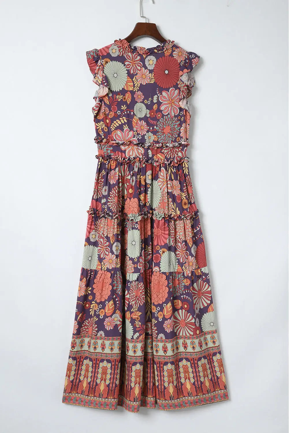Purple vintage ruffle trim floral maxi dress - dresses