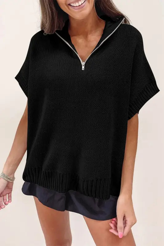 Black quarter zip short batwing sleeve sweater - sweaters &