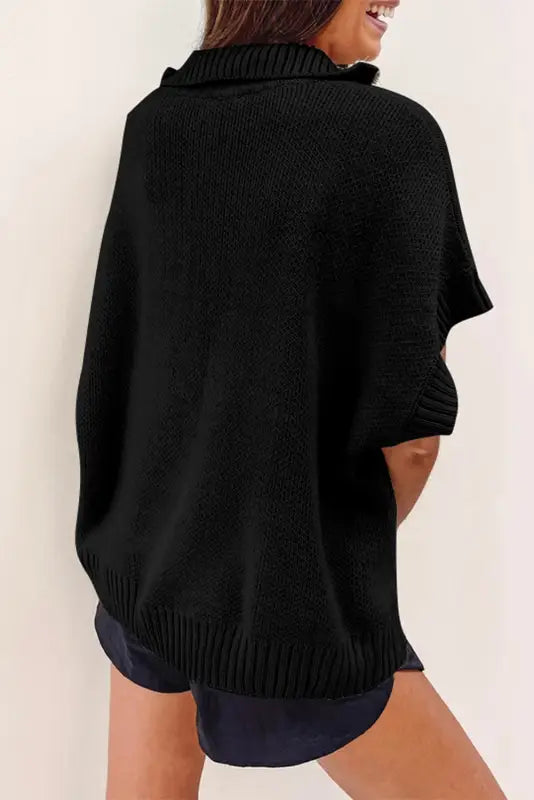 Black quarter zip short batwing sleeve sweater - sweaters &