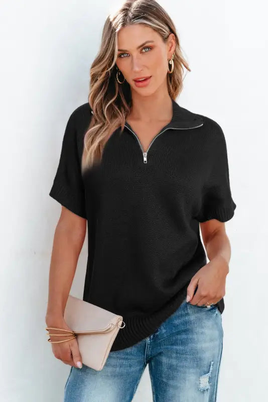 Black quarter zip short batwing sleeve sweater - sweaters &