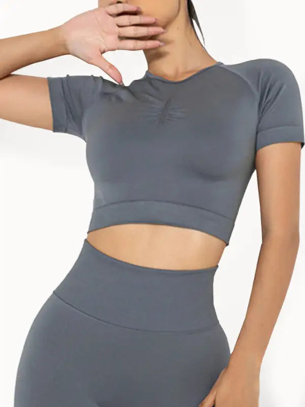 Quick dry high waist seamless shorts two-piece set - charcoal grey / s - activewear